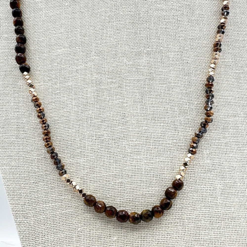 Vintage Gold Tone Beaded Strand Necklace Faceted Tiger‎ Eye Glass Brown Boho Y2K